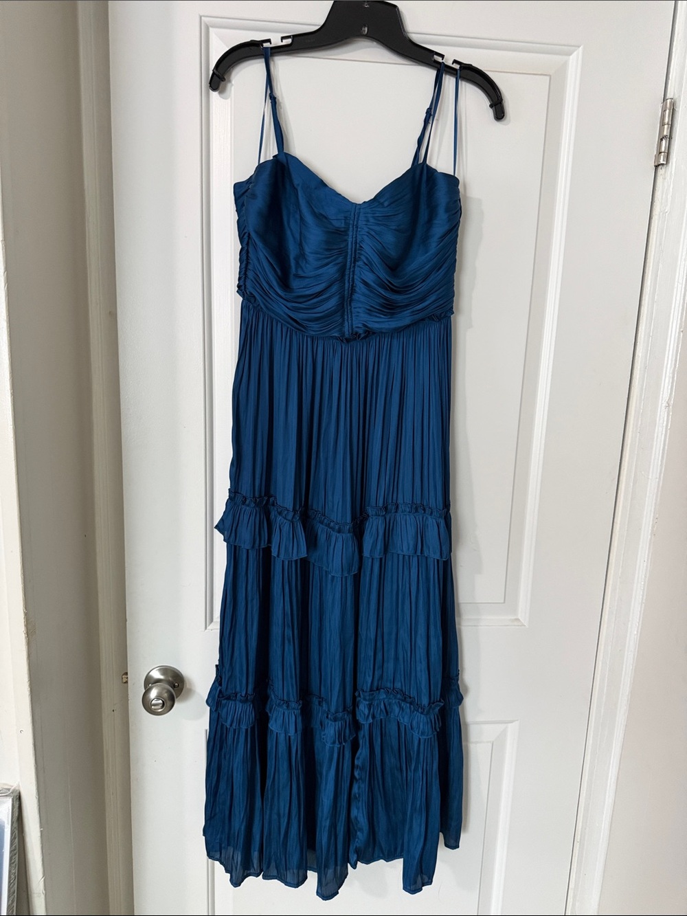 Aqua Deep Blue Ruched Midi Dress with Spaghetti Straps